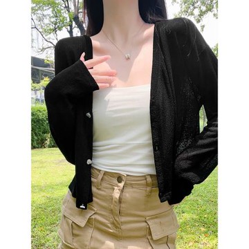 多巴胺外搭開衫外套女夏薄款冰絲針織披肩配吊帶裙子黑色防曬罩衫