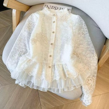 蕾絲刺繡收腰襯衫女顯瘦百搭春季新款洋氣荷葉邊拼接長袖上衣 女裝 上衣