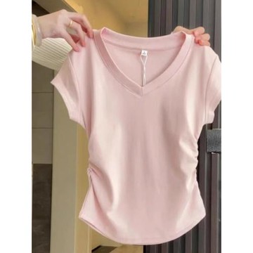 大碼微胖正肩短袖t恤女夏季時尚休閑白色體恤胖MM遮肉顯瘦v領上衣