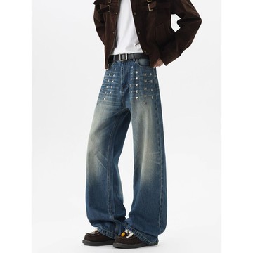 美式復古重工鉚釘水洗牛仔褲男顯瘦寬鬆闊腿長褲男