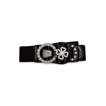 HONOR奢華鑽飾珍珠四葉草彈性腰封-黑