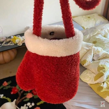 ✨ 限時下殺 ✨冬季新品毛絨絨聖誕元旦復古紅手套包小衆大容量洋氣單肩斜挎包女