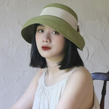 帽子 遮陽帽 女生帽子 草帽 法式 復古帽子 優雅 蝴蝶結  防曬 草編帽 手工編織 平頂草帽 沙灘帽 牛油果綠 056