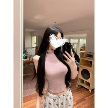 MosesQueen魔西女王粉色半高領t恤背心外穿修身顯瘦內搭無袖上衣