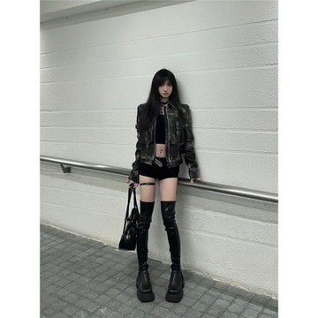 7iAe 輕punk皮衣美式街頭復古做舊辣妹外套女秋冬季機車夾克上衣