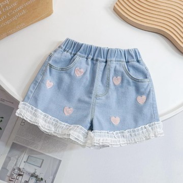 mori🎀mori女童牛仔短褲中小童女寶寶花邊愛心短褲夏季外穿百搭
