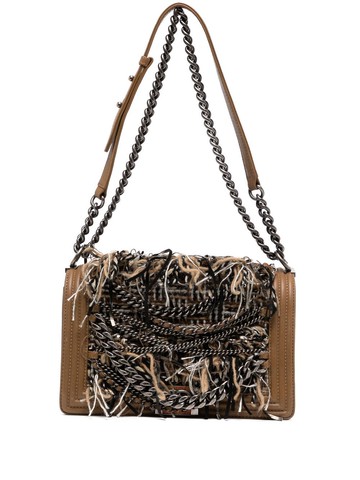 CHANEL Pre-Owned - tweed chain-embellished Boy Chanel shoulder bag - women - Leather - One Size - Brown