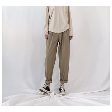 左手日記自制卡其色休閑褲中性風不易皺哈倫褲蘿卜褲男女同款高腰
