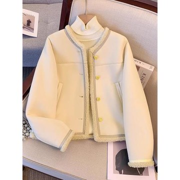 今年流行小香風皮毛一體加絨加厚外套女2024秋冬季新款麂皮絨夾克