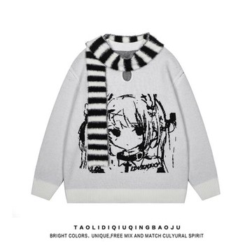 日系復古動漫女孩提花套頭毛衣女冬季新款慵懶風寬松休閑針織上衣