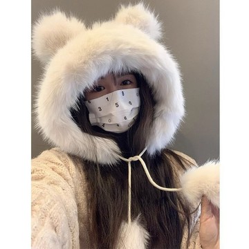 特賣🎀軟乎乎~可愛毛絨帽子女冬保暖護耳套頭帽加厚顯臉小防寒雷鋒帽潮 冬天護耳加厚保暖飛行帽 懞古羊羔毛雪地帽 保暖帽 毛
