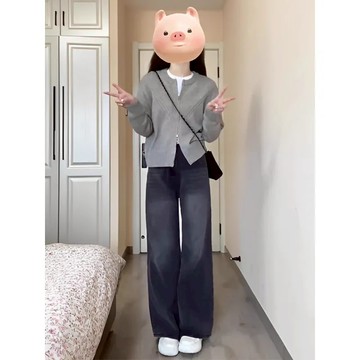 壹禾YIHOO🔸台灣現貨 美式牛仔褲 高街 闊腿牛仔褲 黑灰色水洗闊腿牛仔褲 春季高腰寬鬆顯瘦百搭復古直筒拖地褲 長褲