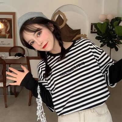 Tシャツ 長袖 レディース 偽二枚tシャツ ボーダー柄 長袖tシャツ ゆったり カットソー 春秋 偽二枚トップス 縞柄tシャツ フェイクレイヤード 通販 Lineポイント最大get Lineショッピング