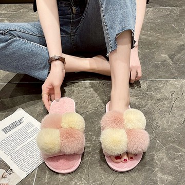 仙女風居家毛球拖鞋女可愛百搭保暖2021新款秋冬一字毛毛棉拖鞋女