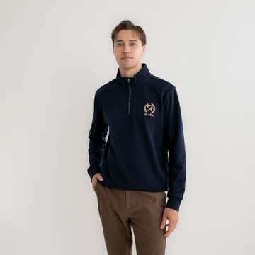 【Retro Casual】男裝-學院風刺繡傘立領半拉鍊長袖T-藏青色