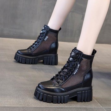 厚底馬丁靴女鞋透氣網紗2021年春秋夏季時尚百搭內增高短靴子單靴