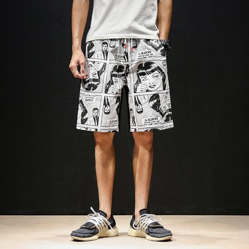 FINDSENSE H1 2018 夏季 新款 男 日本 嘻哈印花 運動休閒 時尚 大碼五分褲 中褲 休閒褲 潮流褲子