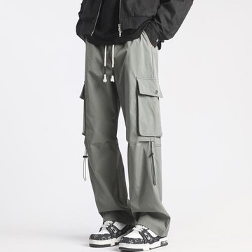 日系復古多口袋工裝褲女薄款ins潮牌寬松直筒闊腿情侶休閑長褲子