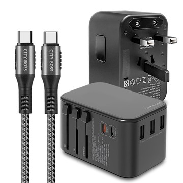 CITY BOSS CITY萬用轉接頭急速充電器33W PD快充-黑+勇固Type-C to Type-C 編織耐彎折快充線-灰150cm