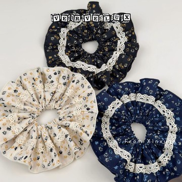 两件9.9折🔥臺灣出貨🔥可開發票✅法式復古藏青色小碎花蕾絲花邊大腸髮圈小衆文藝森系氣質裙襬發繩