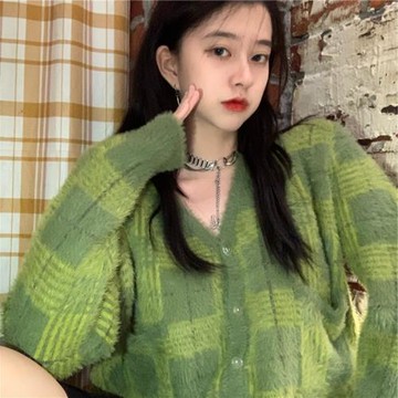 韓版復古綠色格子毛衣上衣女秋冬新港風甜美外穿V領寬松開衫外套