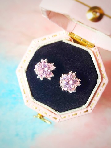 特別切割 粉紅櫻花 純銀電鍍18K金耳環