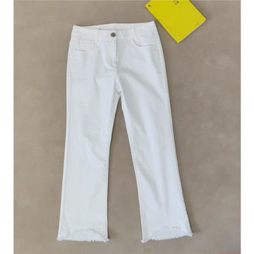 外貿出口單韓國女士牛仔褲白色微喇毛邊不規則腳口前開叉八九分褲