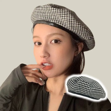 現貨-PU包邊千鳥格貝雷帽子女秋冬韓版潮遮陽畫家盆帽顯臉小百搭八角帽-OC05