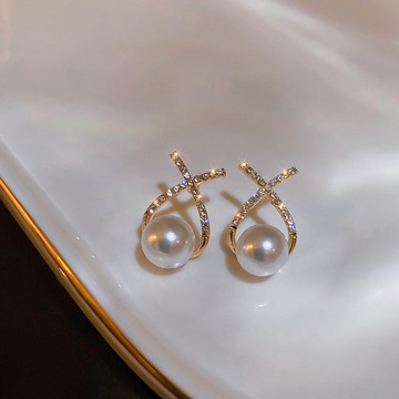 簡約輕奢交叉珍珠耳釘女韓國925銀針風高級感滿鉆X型耳環耳飾