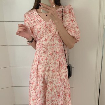 溫柔風綁帶V領收腰顯瘦連衣裙