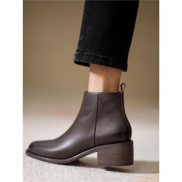 2025秋冬季中跟粗跟短靴女真皮及踝靴復古方頭女士皮靴子加絨祼靴