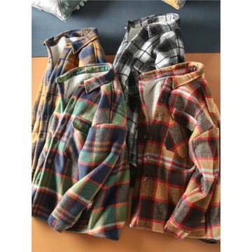 秋冬新款美式休閑男士翻領加絨加厚磨毛格子仿羊羔絨襯衫襯衣外套