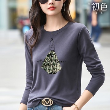 初色 簡約女孩人物印花圓領長袖寬鬆顯瘦內搭打底衫T恤上衣女上衣-共4色-38265(M-3XL可選/現貨+預購)