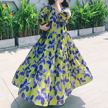 [巴黎精品] 現貨+預購 高級法式長洋裝中長裙洋裝連身裙子A字裙大碼寬鬆休閒女裝-V領印花女裙子a1ku20