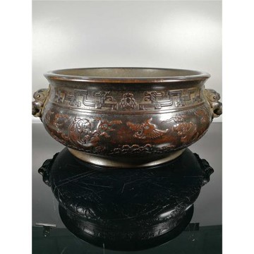 老件紫銅浮雕吳邦佐款高13*33*26公分8.7公斤福祿壽虎頭香爐擺件