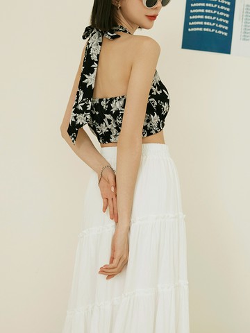 度假印花深V領露背後綁帶背心上衣