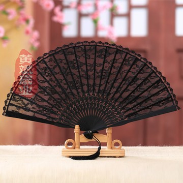 【粉紅菲菲】復古蕾絲日式和風棉麻扇高貴中國風扇子古風折扇鏤空旗袍女士扇子（7425-88）35-0088