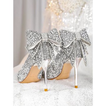 酒窩大叔【星辰蝶戀】高跟鞋女銀色水晶鞋婚鞋新娘鞋結婚法式單鞋
