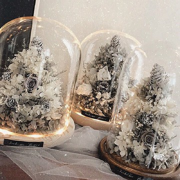 夜燈款永生白雪聖誕樹玻璃罩鐘 玻璃罩 大款 永生花 聖誕節