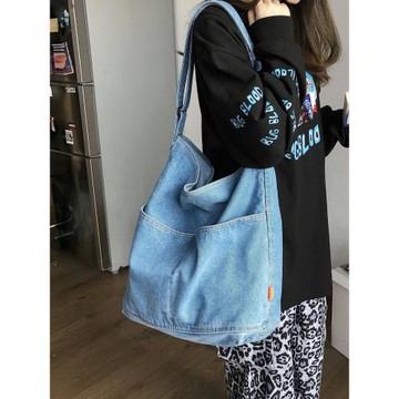 大容量牛仔布包簡約帆布包單肩斜挎包女學生慵懶風文藝購物袋布袋