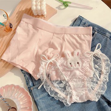 粉萌寶貝 雨沫沫日系可愛兔子毛絨系帶可解開一男一女情侶內褲套