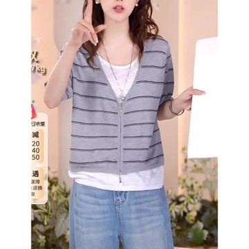 大碼條紋假兩件拉鏈針織衫女夏季胖MM設計感小眾寬松百搭短袖上衣