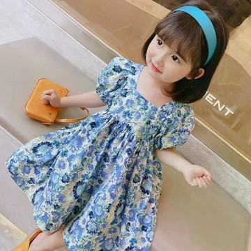人手必備~女童洋裝夏裝新款洋氣寶寶藍色碎花公主裙兒童法式短袖裙子 女童連衣裙 夏裝 韓版連身裙 女童洋裝