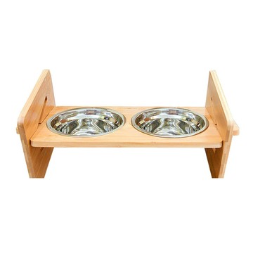 寵物夢工廠 木製可調雙碗 不鏽鋼碗 40 x 16 x 16cm  原木色  1組