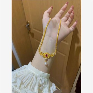 古法新款希寶輕奢蛇骨鏈黃金色吊墜貝珠紅鋯石宮廷風高貴優雅百搭