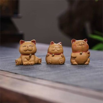 宜興紫砂小貓咪茶寵創意紫砂招財貓擺件茶臺茶桌小擺件可做蓋置