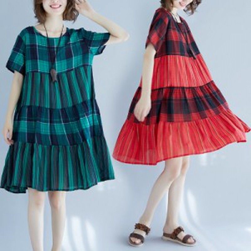 ワンピース レディース 大人カジュアル 大人 春 夏 秋 シンプル チェック ひざ丈 体系カバー ゆったり 赤 緑 通販 Lineポイント最大1 0 Get Lineショッピング