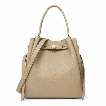 TORY BURCH ROMY 荔枝紋皮革束帶繩手提/斜背兩用水桶包(柔霧灰米)