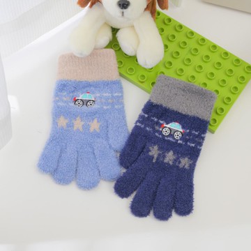 童警車刺繡羽毛手套-多色任選