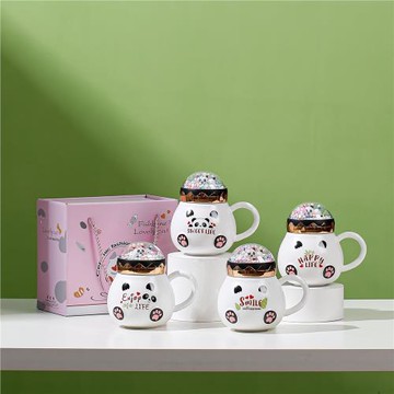 卡通陶瓷杯可愛熊貓圖案水杯帶蓋馬克杯男女通用咖啡杯情侶杯禮盒